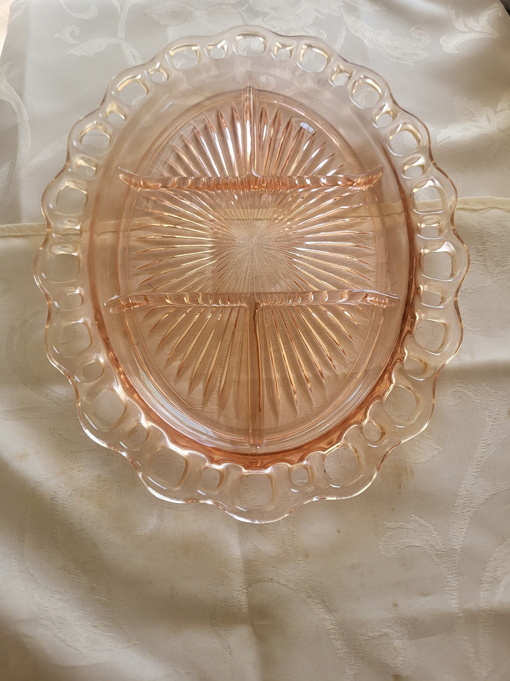 OLD COLONY Pink Depression Glass Platter Serving plate Divided 5-Part Lace edge